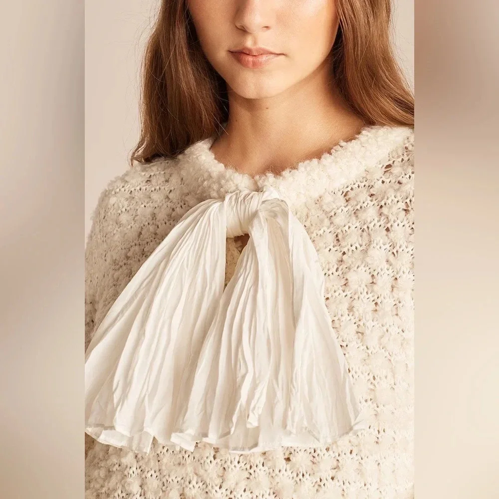 Rebecca Taylor Ivory Cotton Blend Feminine Whimsical Sweater Removable Bow L